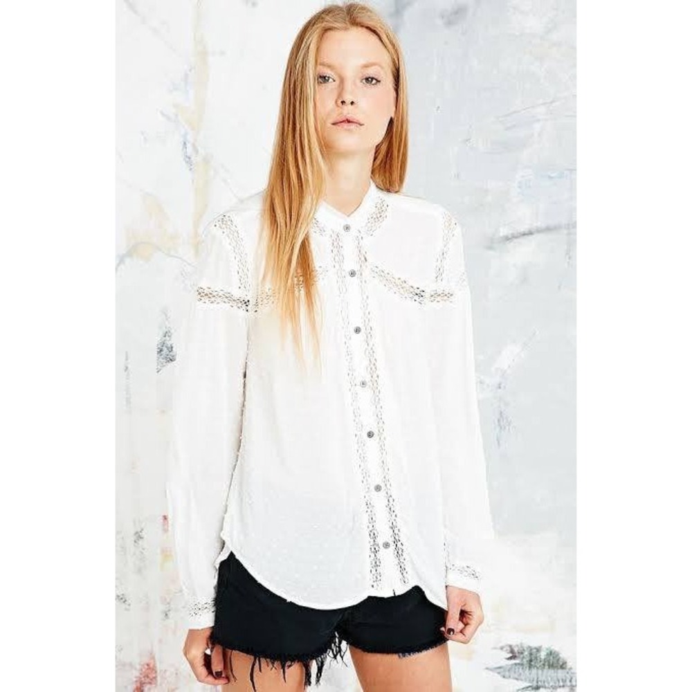 Free People Every Girl Blouse Small Swiss Dot Crochet Lace Button Down Top Small